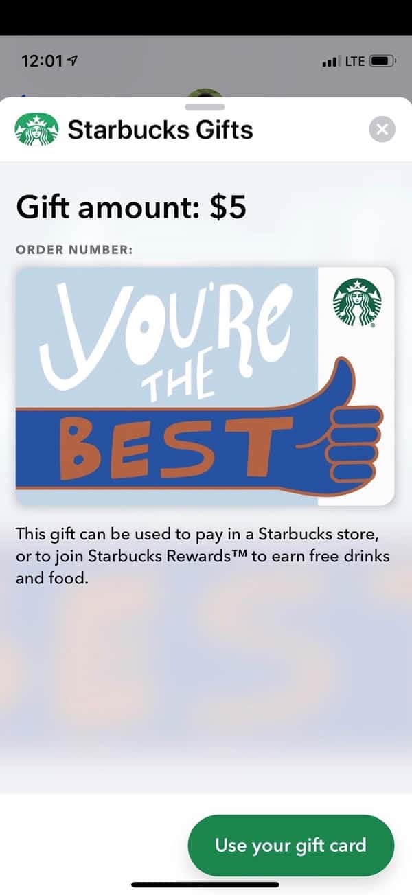 Starbucks Gift Card Finished in Messages on iPhone