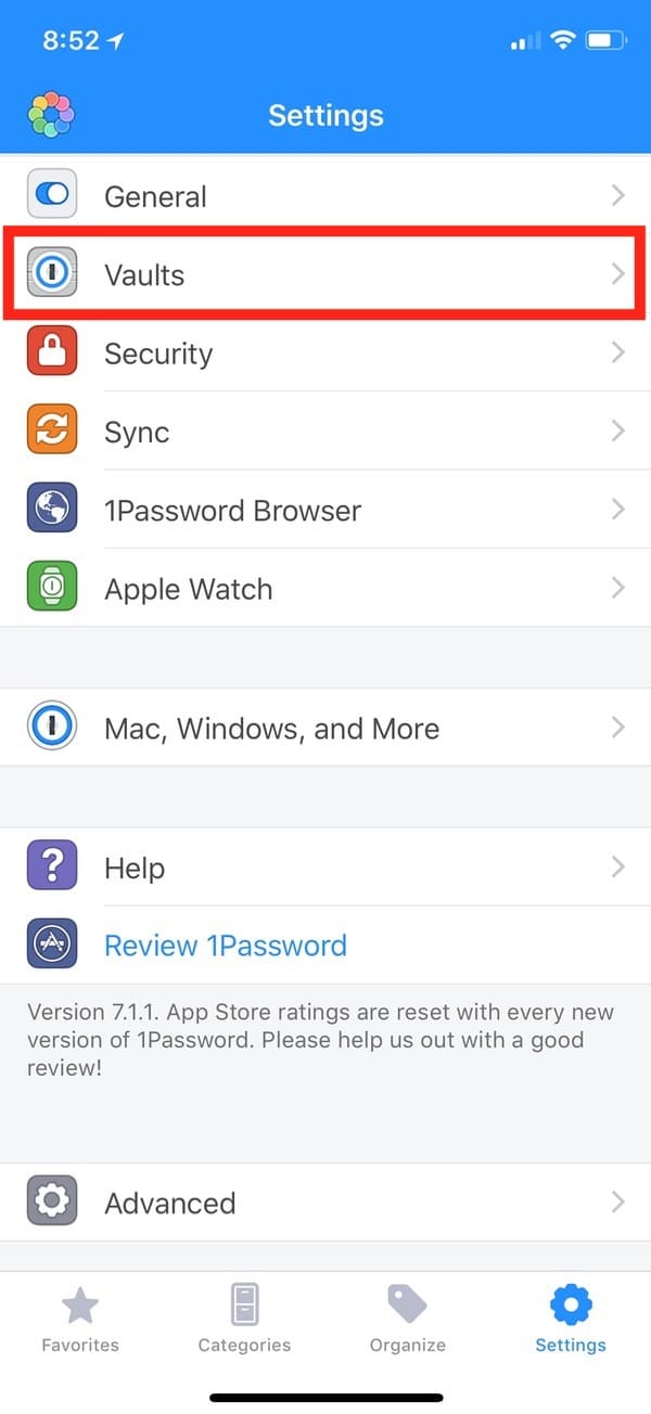 Go to Vaults in Settings in 1Password