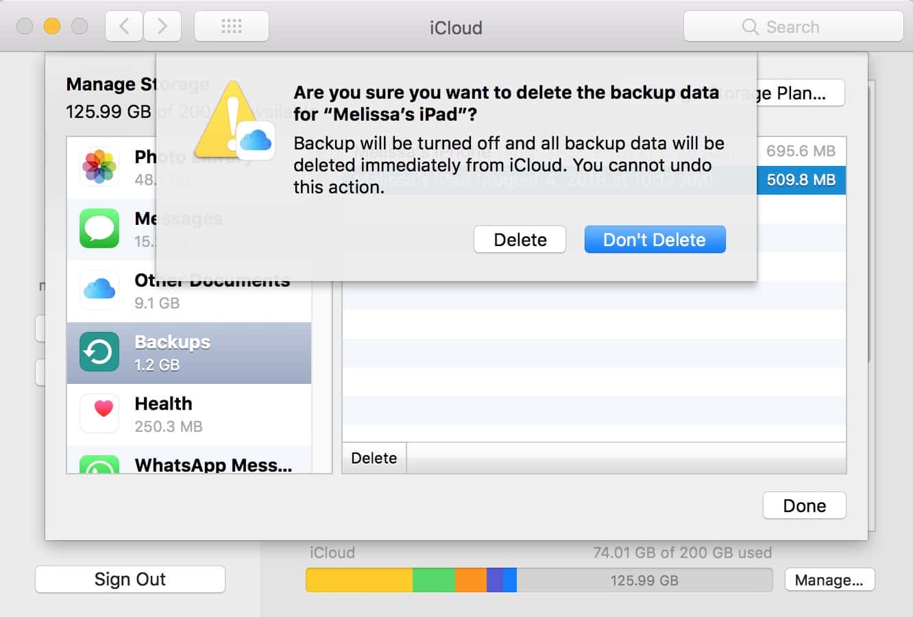 iCloud device "Delete Backup" Warning within System Preferences on the Mac