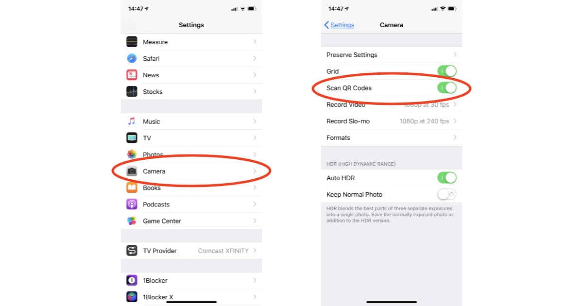 Camera app automatic QR Code scanning settings on iPhone