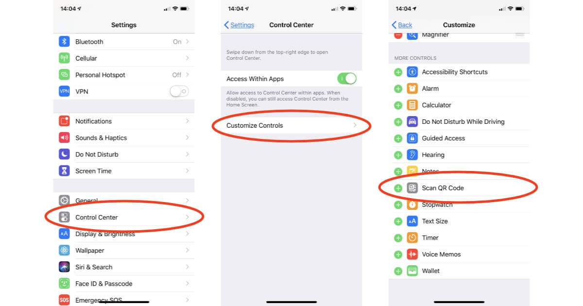 iOS 12 QR Code scanner tile settings