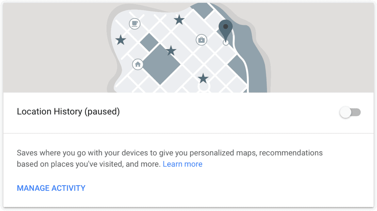 Image of Google Location History. When Google tracks you, locations are stored here.