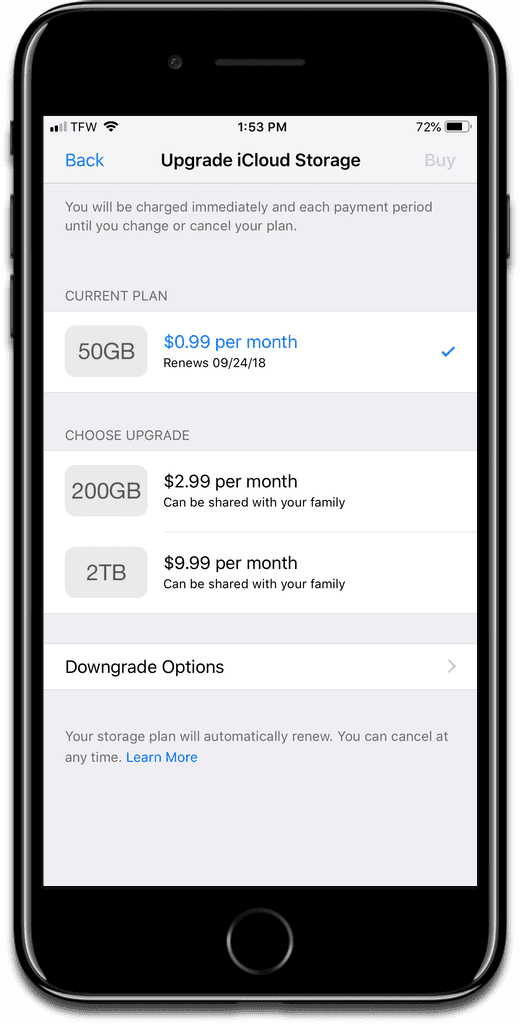 Screenshot of iCloud storage tiers