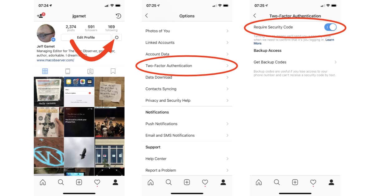 Instagram two-factor authentication setup on iPhone
