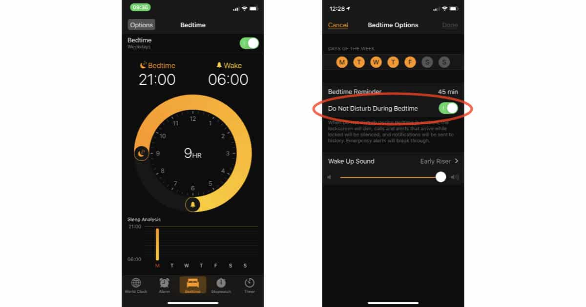 Do Not Disturb During Bedtime settings in iOS 12 Clock app