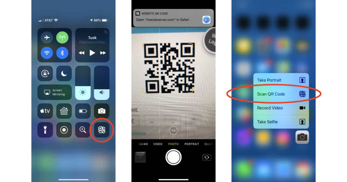 iOS 12 QR Code scanner Control Center tile