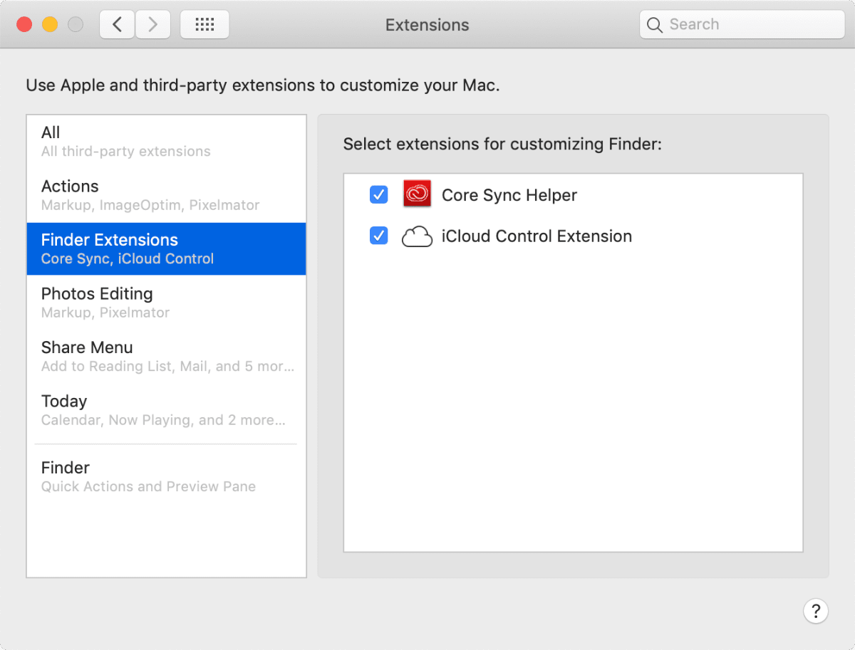 image of finder extensions in macOS system preferences