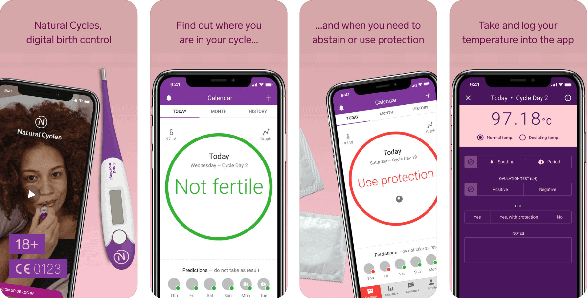 Screenshots of birth control app Natural Cycles.