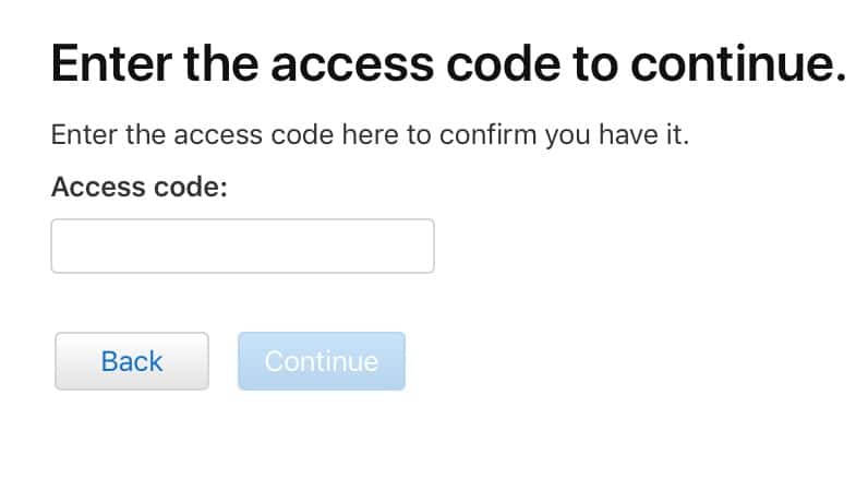 "Enter the access code" Screen