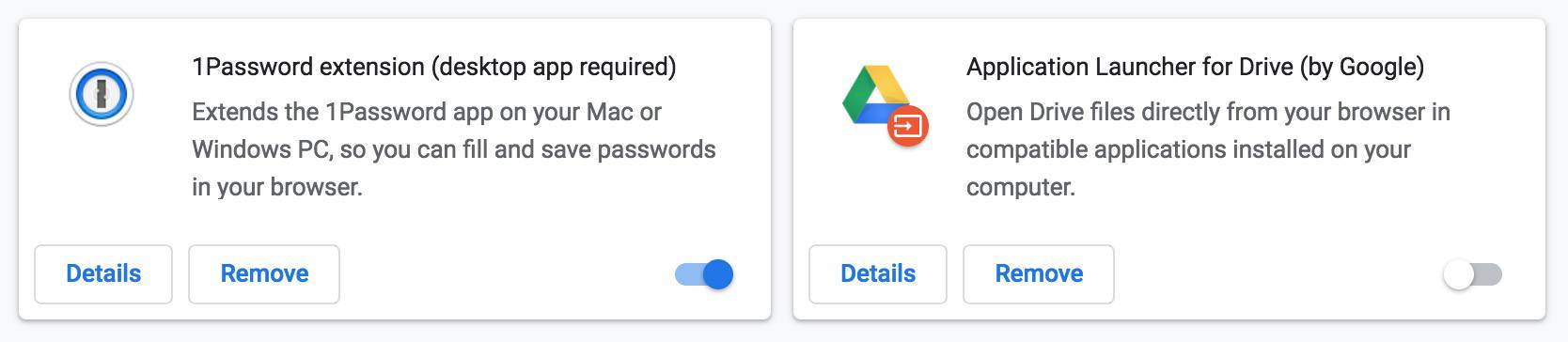 1Password Toggle in Chrome showing extension enabled