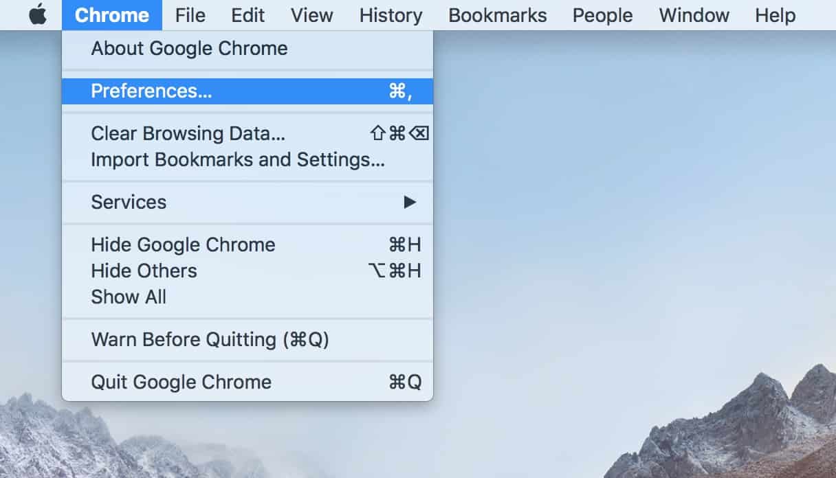 Chrome's Preferences Option on the Mac