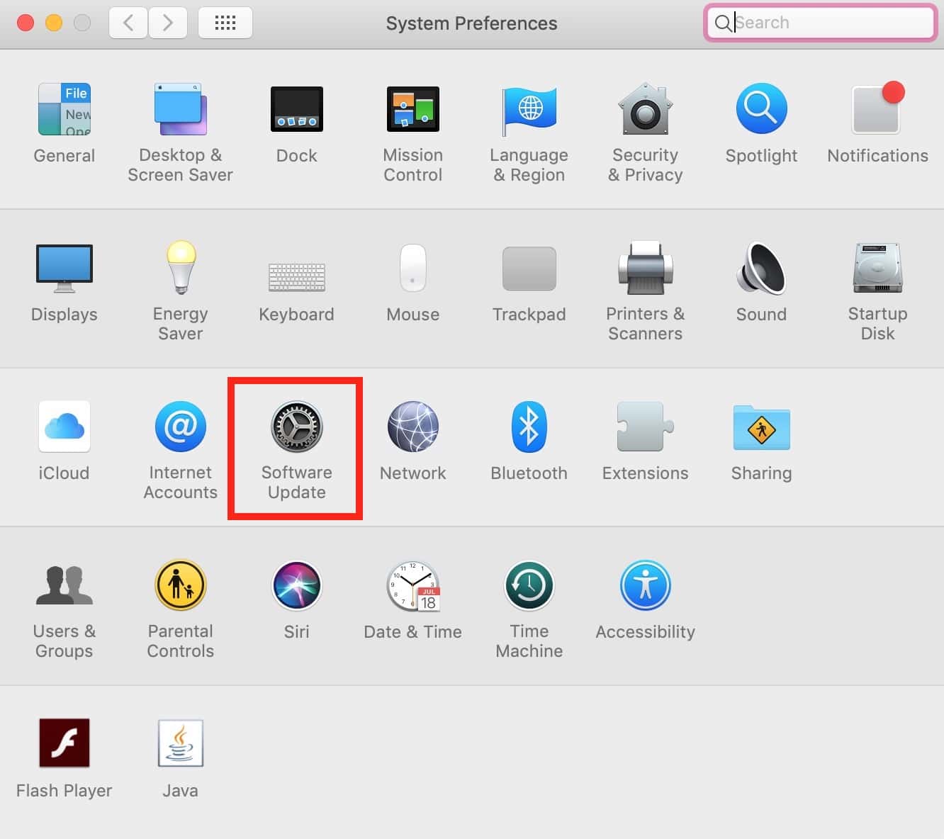 Software Update in System Preferences in macOS Mojave