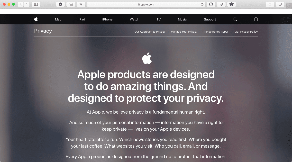 Screenshot of Apple's privacy page. Apple plans to support Senate privacy rules during a hearing this week.