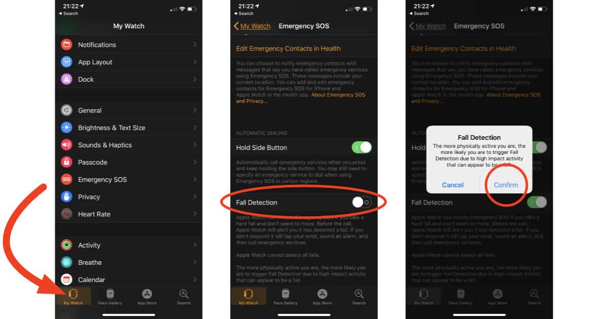 Apple Watch Series 4 Fall Detection settings on iPhone