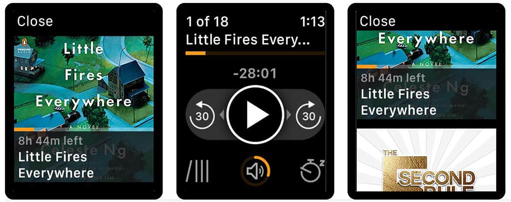 Screenshots from Audible app on Apple Watch