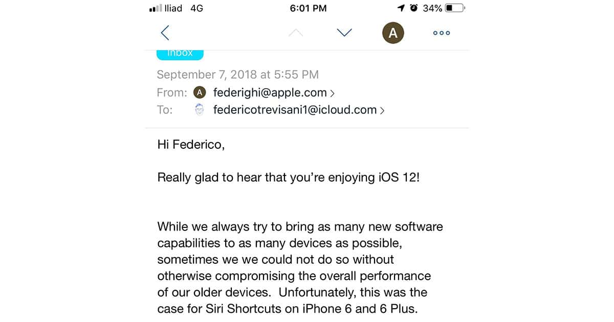 Screenshot of Craig Federighi's email response to customer question