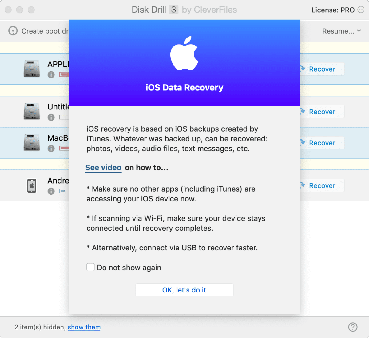 Disk Drill 3 can recover iOS data. Screenshot of the process.