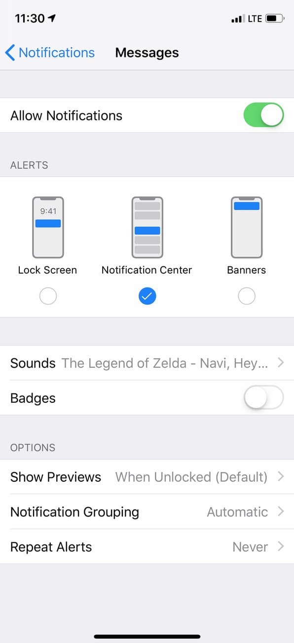 Notifications Settings on iPhone