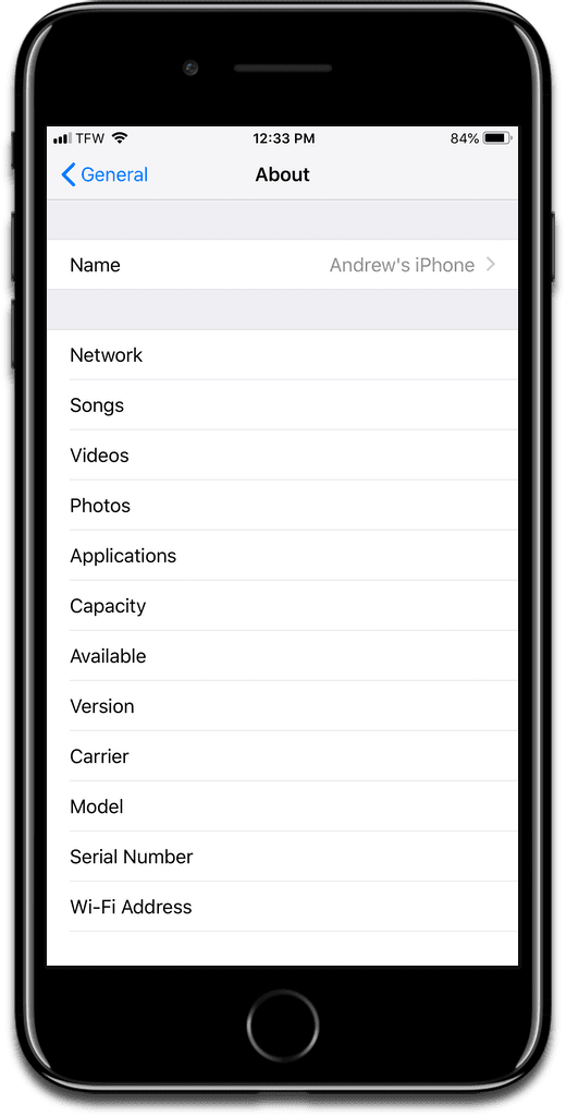 image of iPhone name in settings