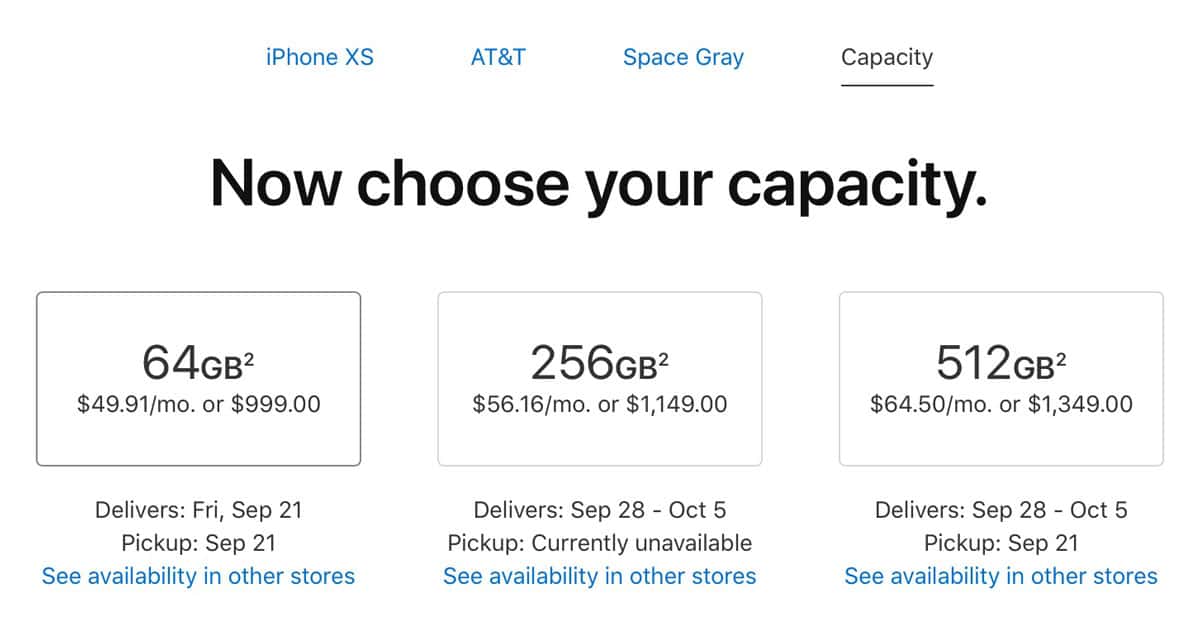 iPhone Xs Space Gray (AT&T) availability at 2:40 AM PDT