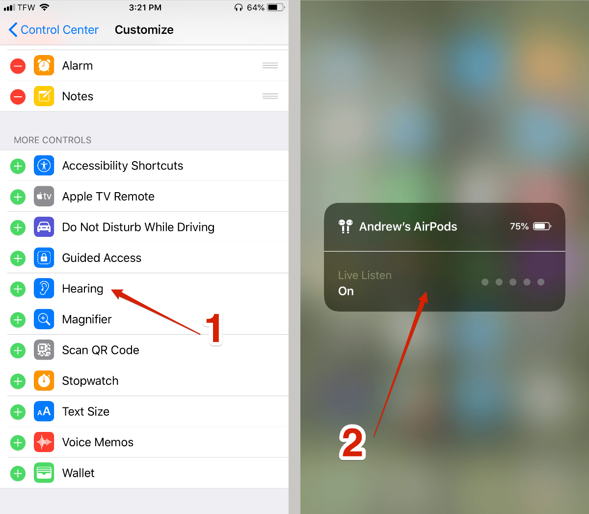screenshots that show how to turn on live listen.