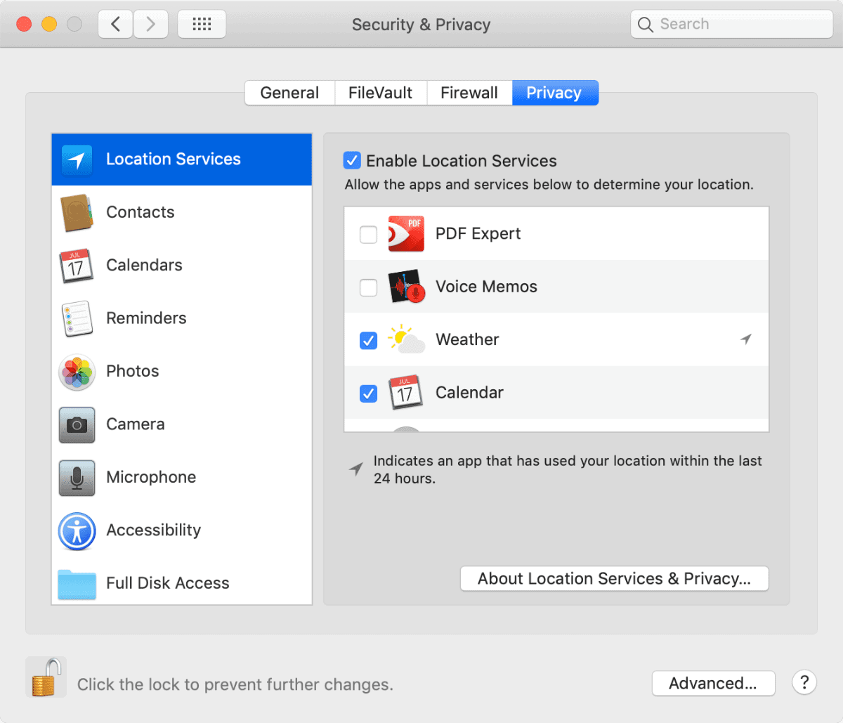 macOS Privacy Protection settings in System Preferences.