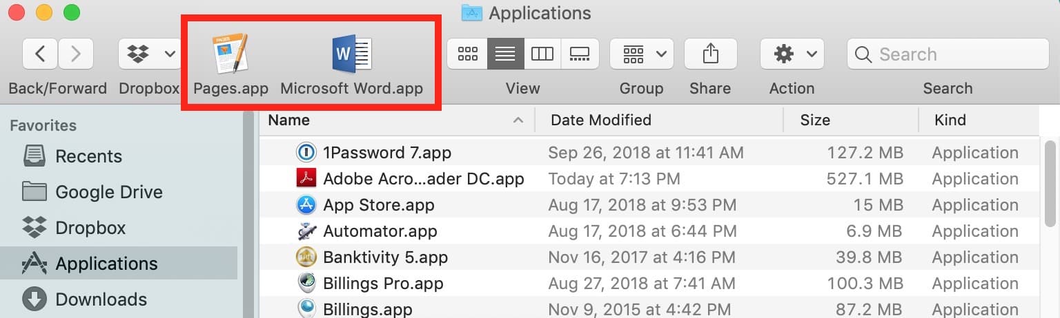 Applications in Mac Finder's Toolbar