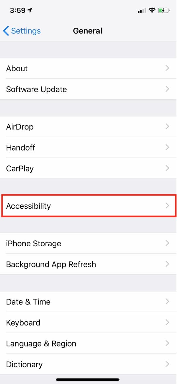 General Settings on iPhone showing Accessibility