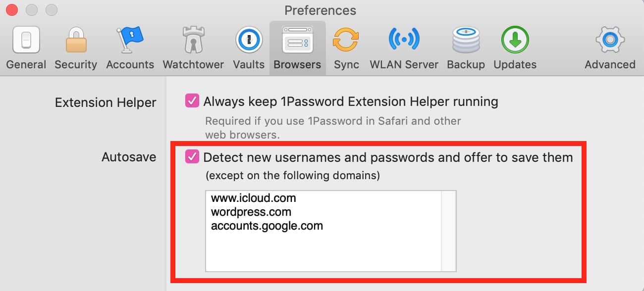 Autosave Settings in 1Password on the Mac