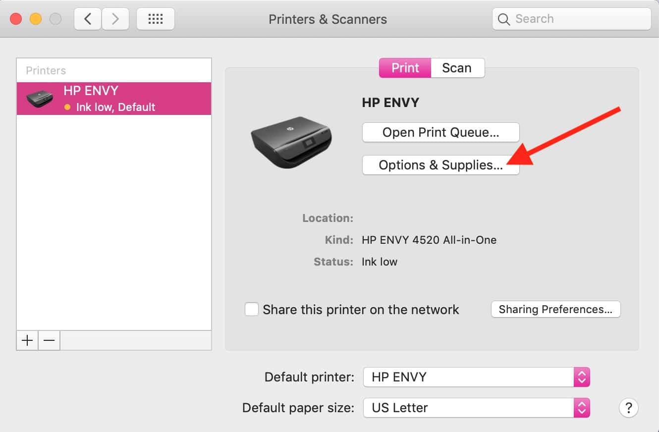 "Options & Supplies" Choice in Printers & Scanners settings on the Mac