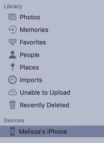 Sidebar of Photos Showing Device on the Mac