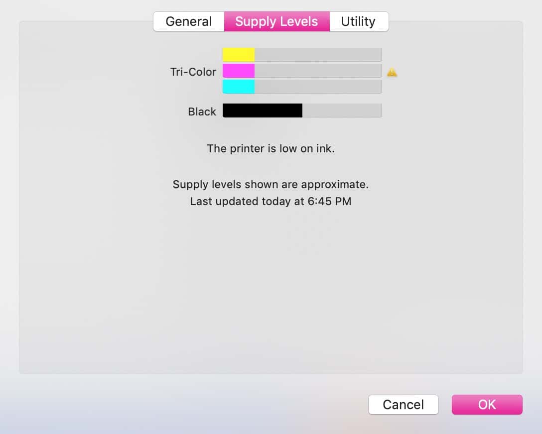 Supply Levels Options in Printers & Scanners setting on the Mac