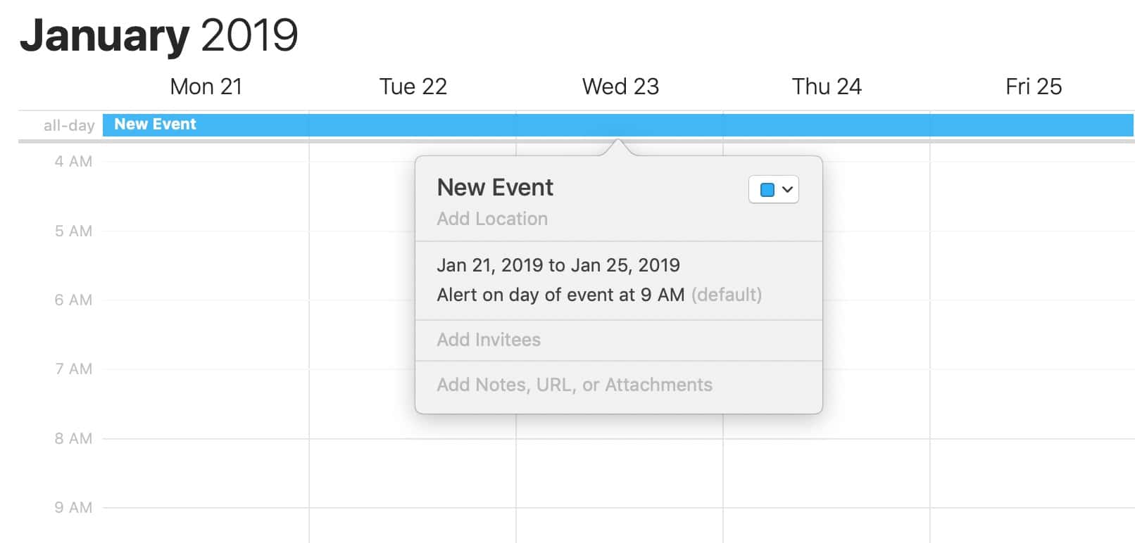 macOS Calendar Added All-Day Event in Week View