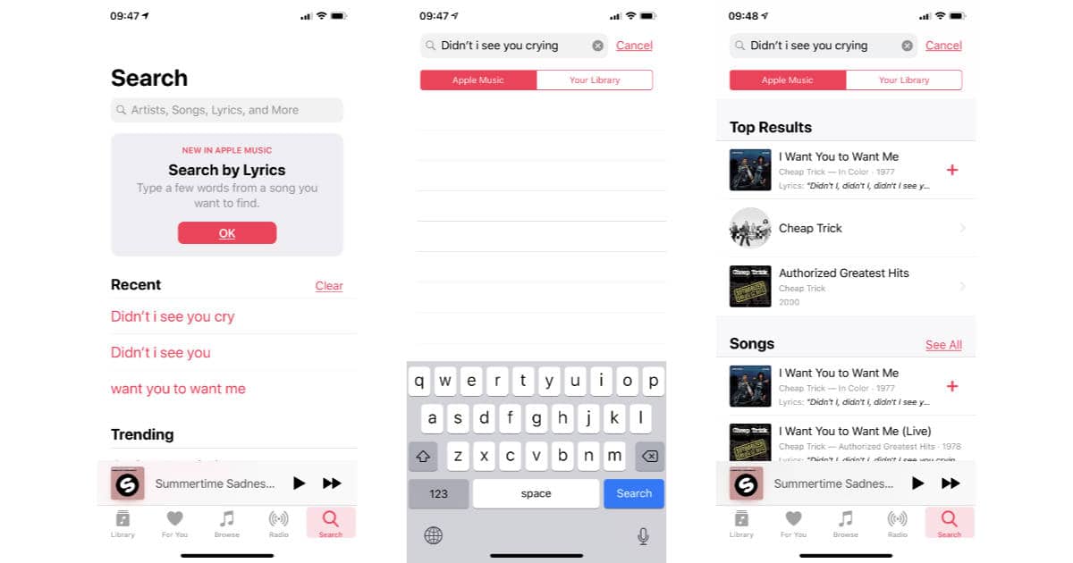 Music app on iPhone showing song lyrics search for Apple Music