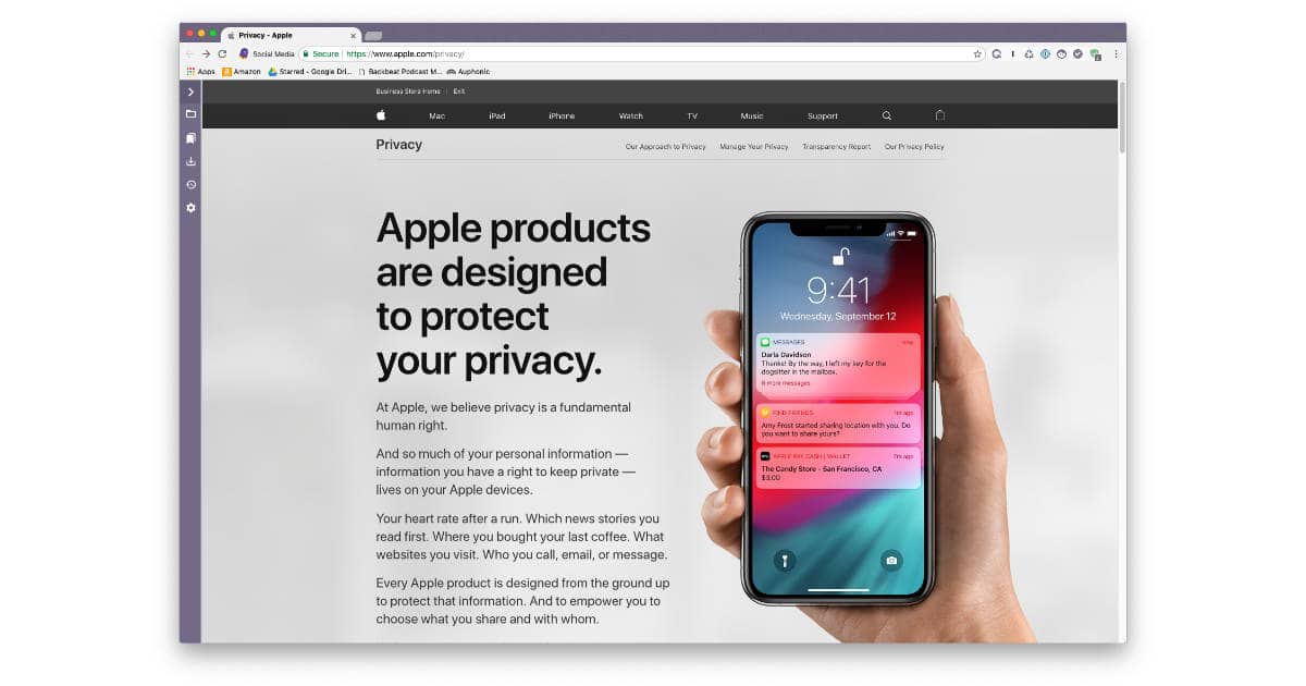 Apple website detailing user and device privacy