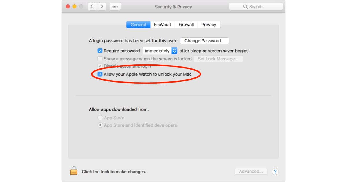 Unlock Mac with Apple Watch setting