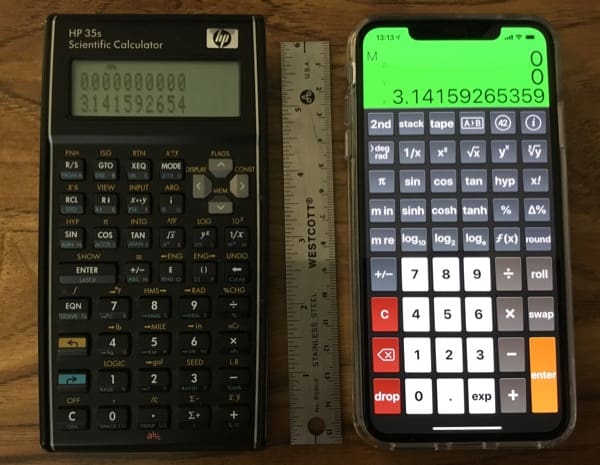 HP-35s calculator (left), iPhone XS Max (right).