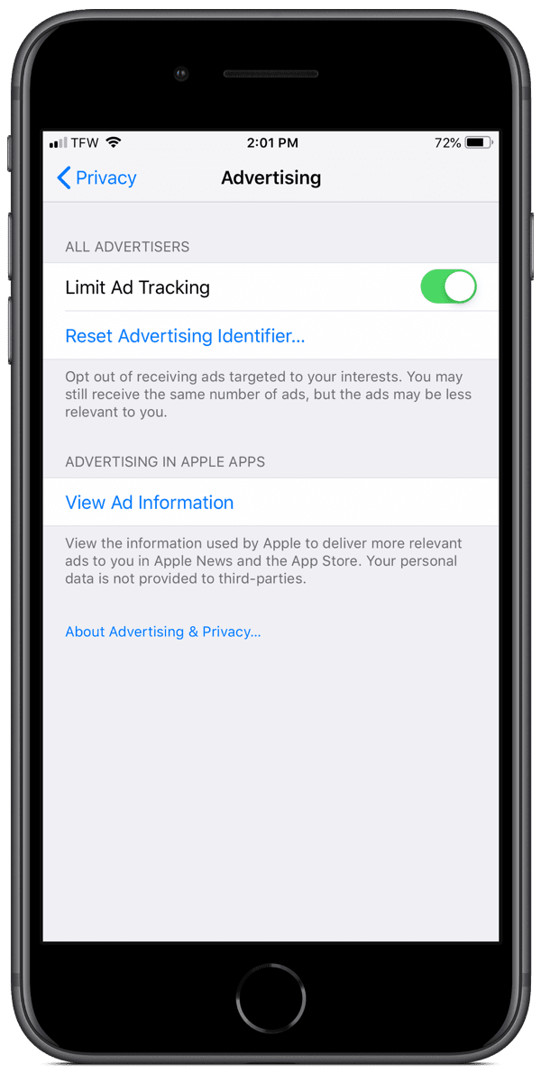 limit ad tracking in iOS settings