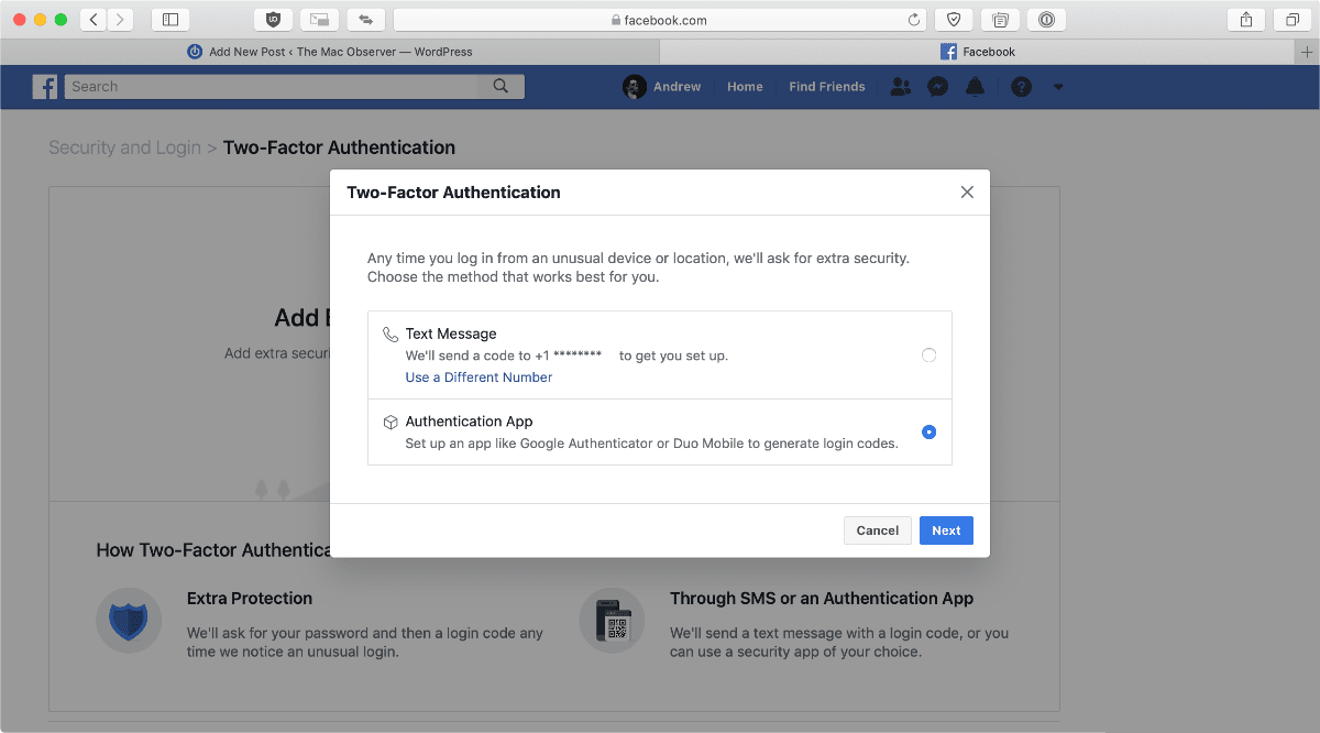 image of using two-factor authentication on Facebook on macOS