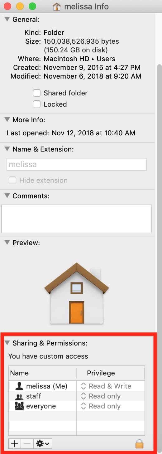 Home Folder Info Window