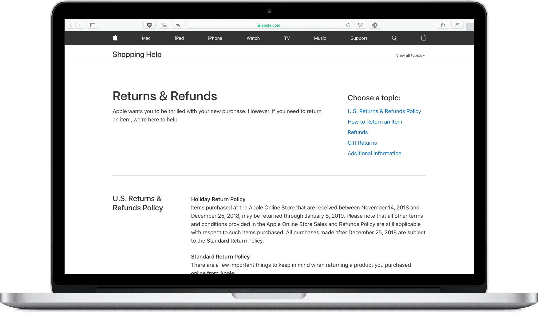 image of apple holiday returns and refunds page in safari
