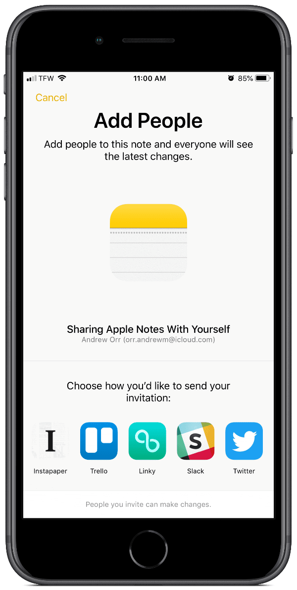 screenshot of how to share apple notes