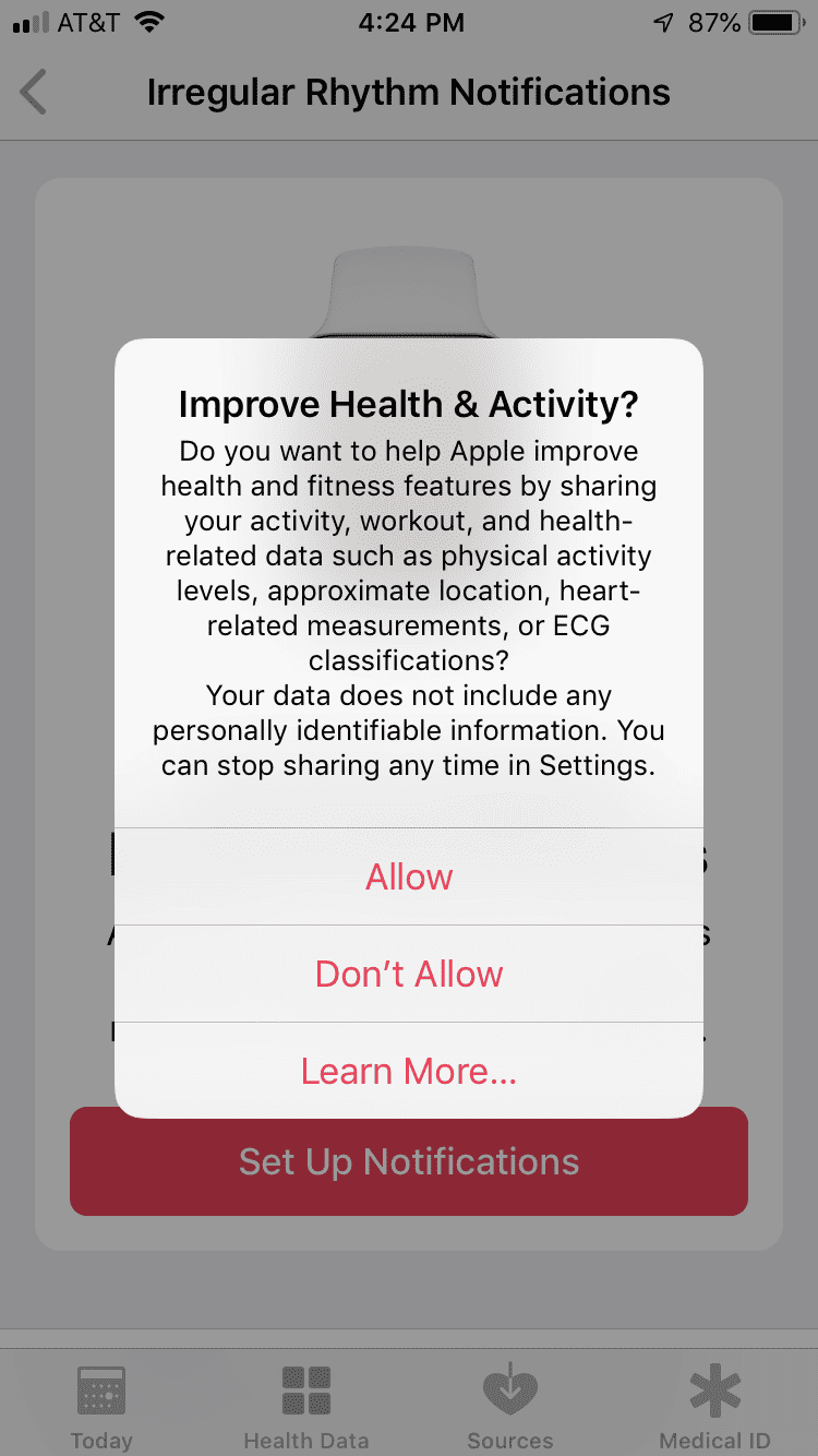 Screenshot of a dialog box asking for permission to send data to Apple to improve the Health app