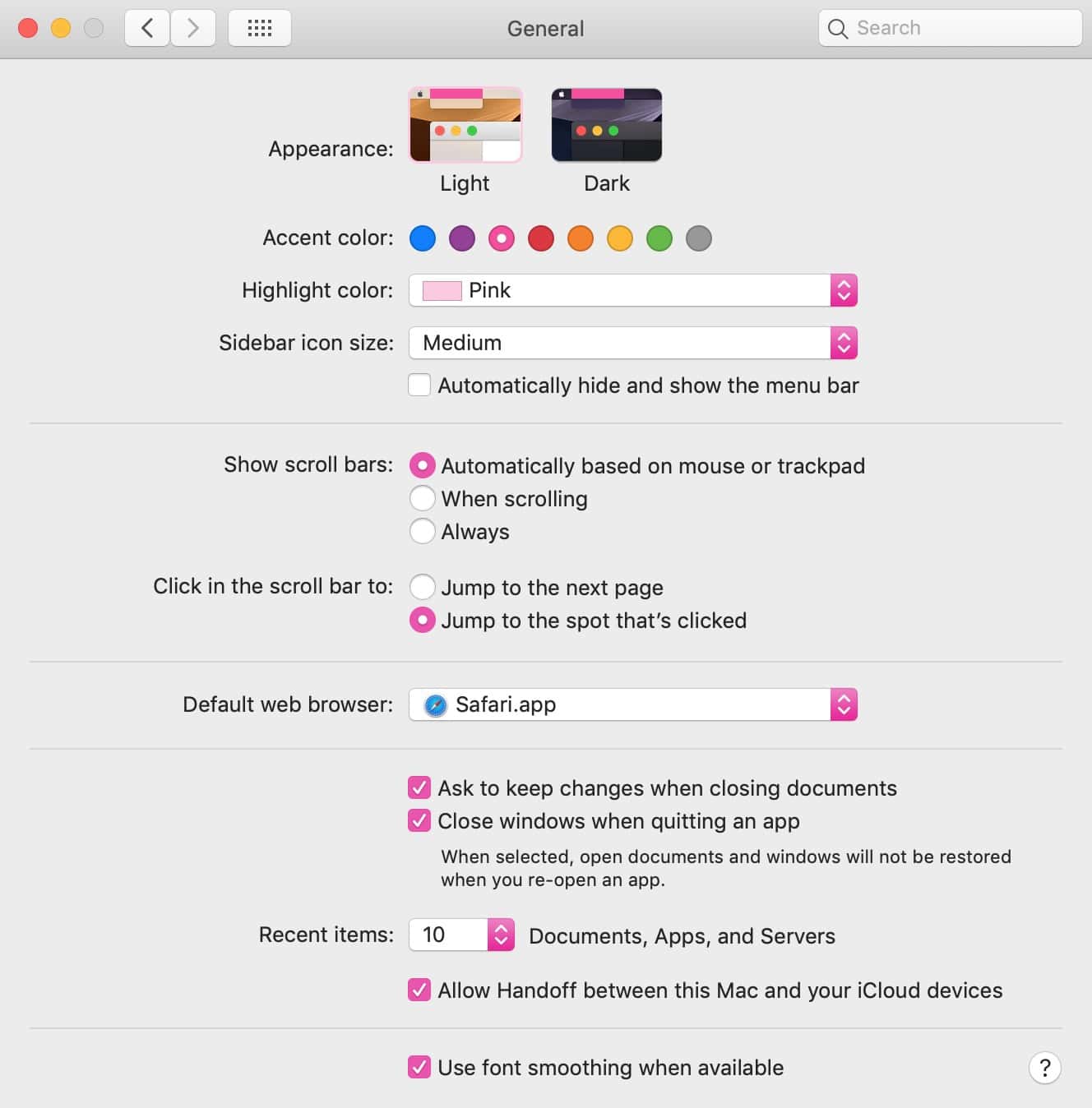 Pink Window Option in System Preferences