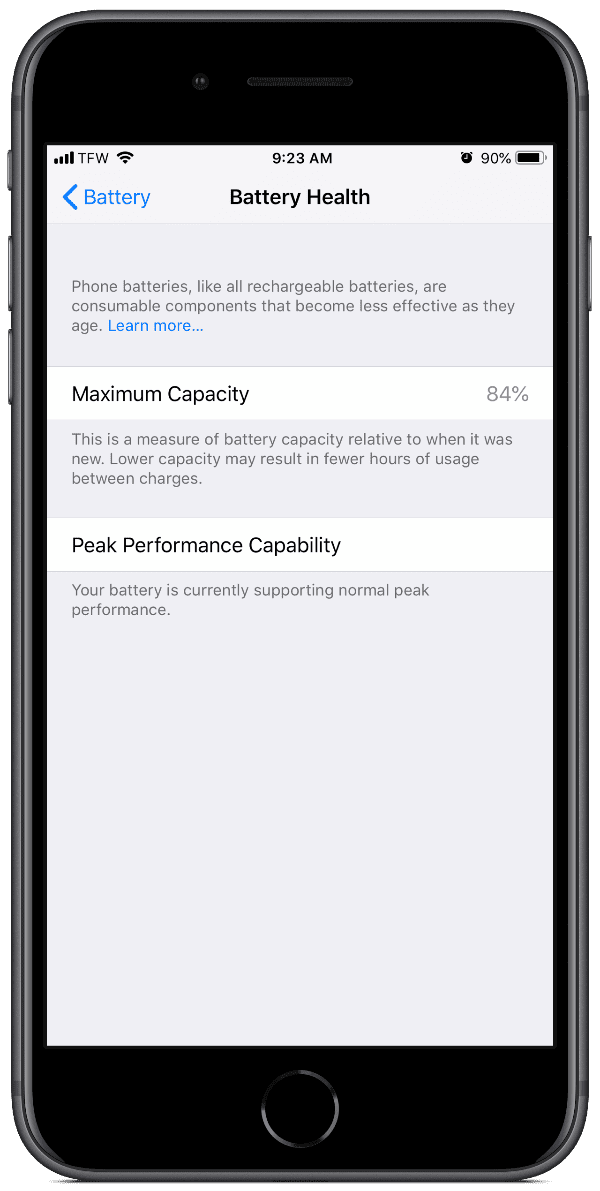 iPhone battery health in settings