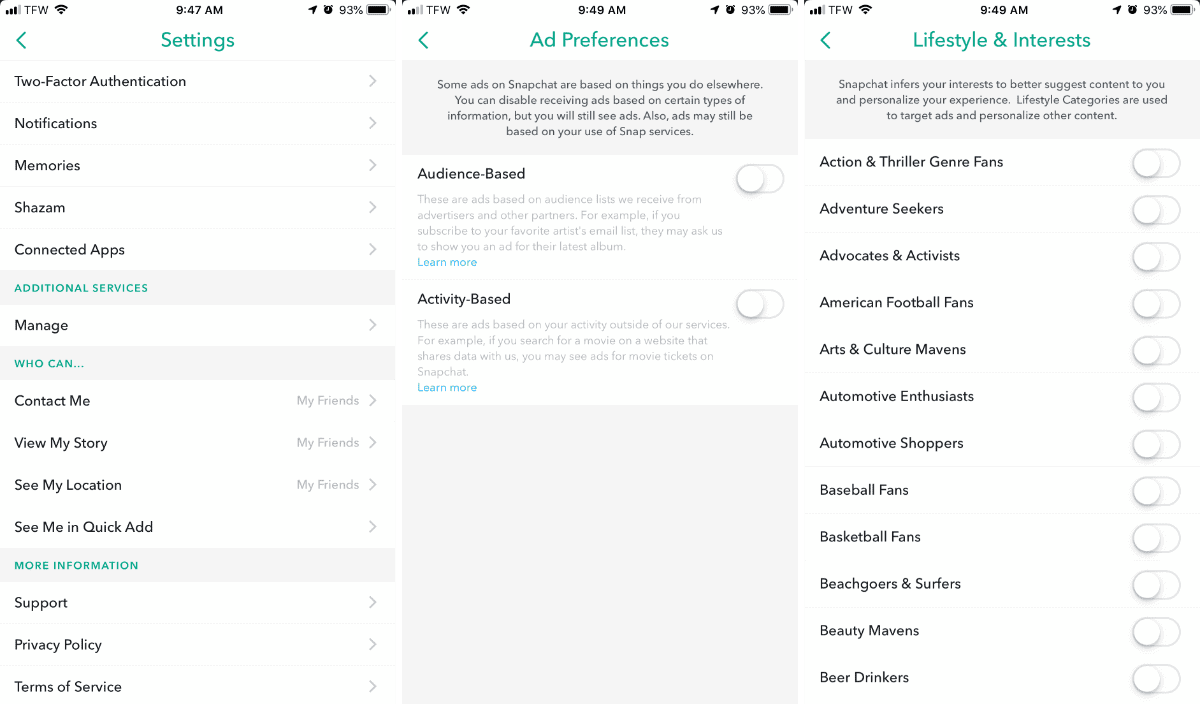 image of snapchat ad settings