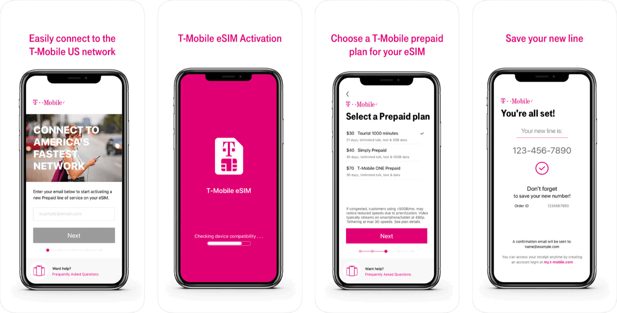 screenshots of t-mobile eSIM app