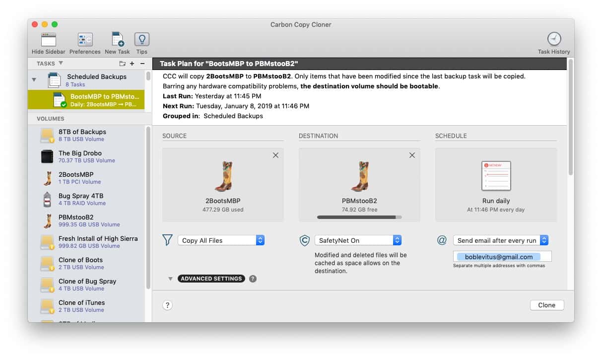 Carbon Copy Cloner duplicates my startup disk automatically every night at 11:46PM.