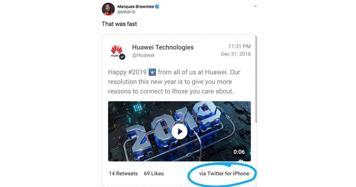 Huawei NYE tweet via iPhone