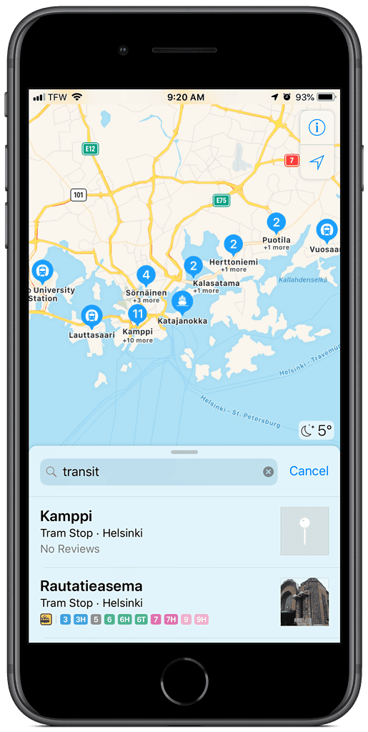 screenshot of apple maps transit in helsinki